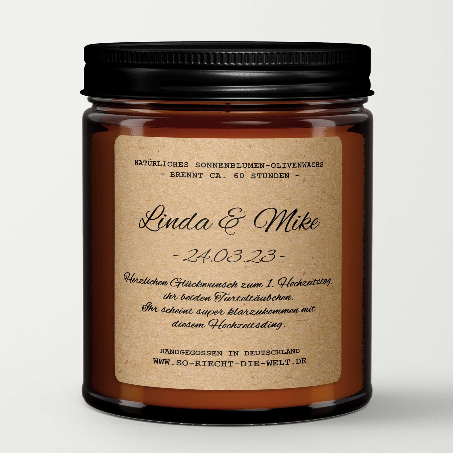 Glückwunsch zum Jahrestag Geschenkkerze, Jubiläumsgeschenk für ein Paar, Duftkerze im Glas, personalisierte Kerze