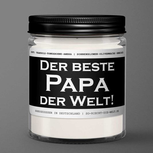Papa Kerze "Der beste Papa der Welt!" Duft: Teakholz-Tonkabohne-Ambra