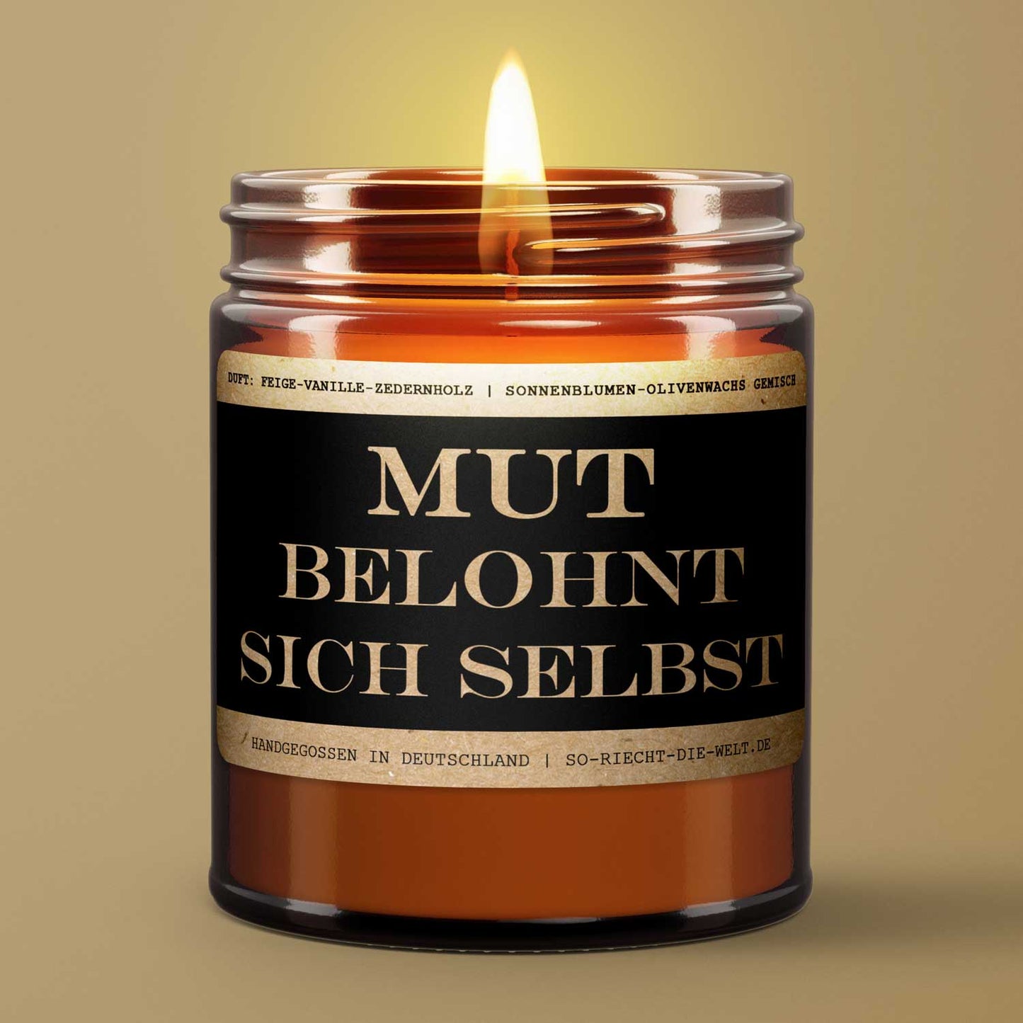 Motivations-Botschaft Kerze "Mut belohnt sich selbst" Duft: Feige-Vanille-Zedernholz