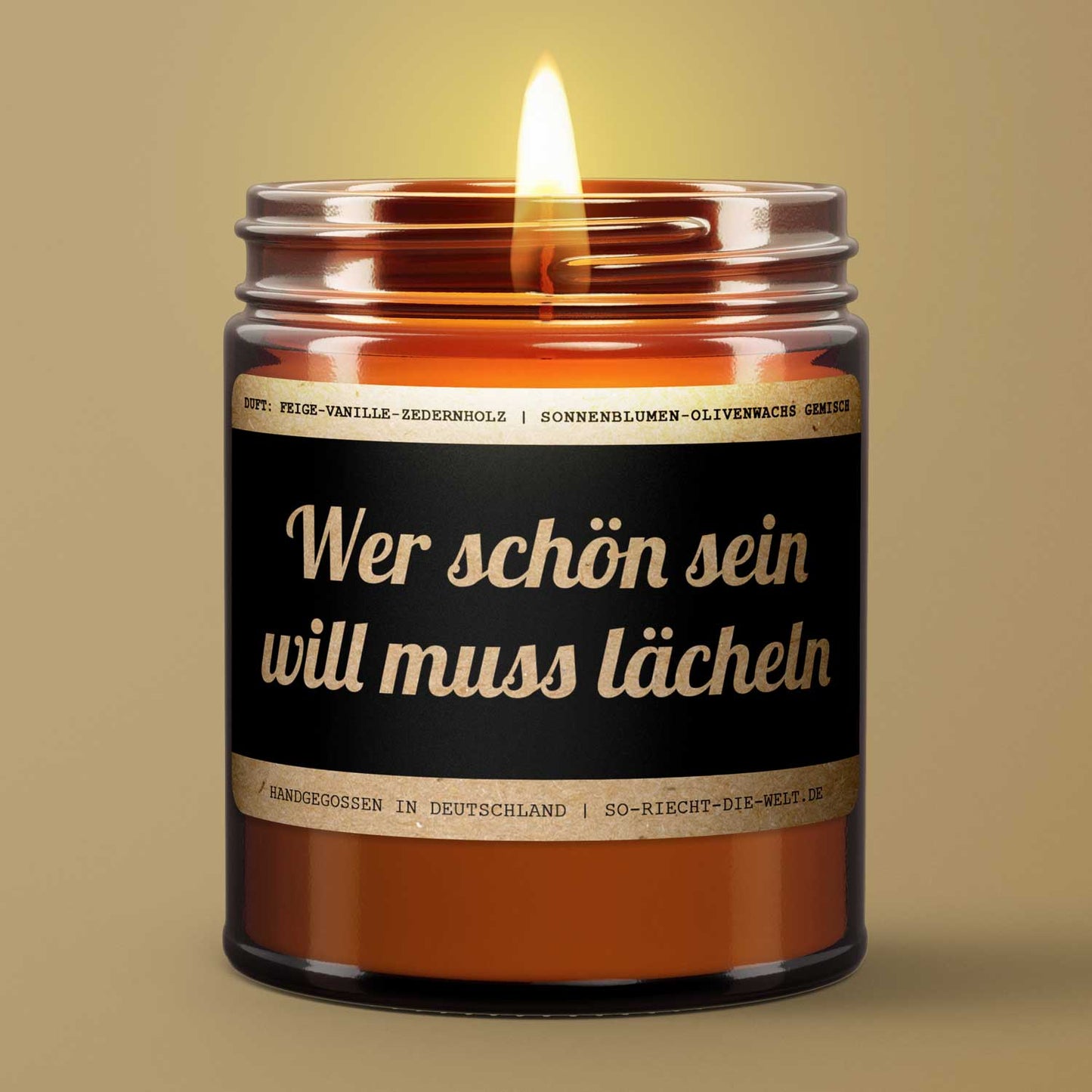 Motivations-Botschaft Kerze "Wer schön sein will muss lächeln" Duft: Feige-Vanille-Zedernholz